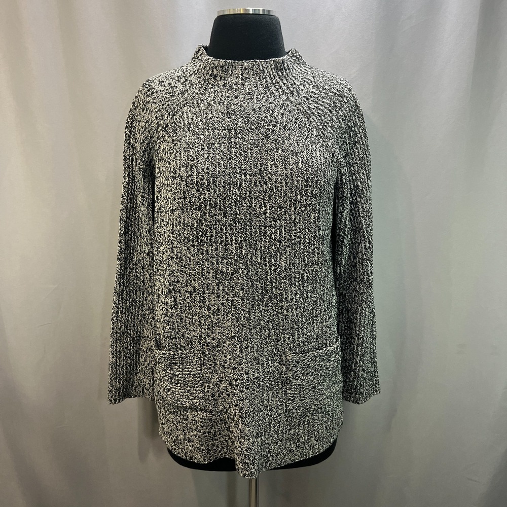 Chaus New York Sweater Womens Large Black Cotton Tight Knit Side Slit Mock Neck